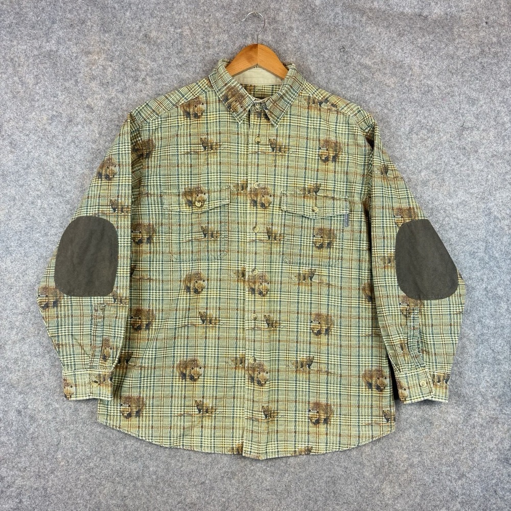 Woolrich Flannel Shirt Mens Large Bears Plaid AOP Button Up Elbow Patches - Picture 1 of 9